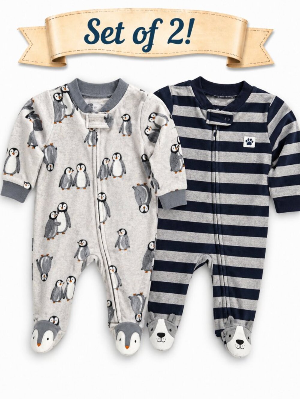 NWT Carter’s Newborn Fleece Sleepers Set of 2 Footed Pajamas Penguin Stripe Baby